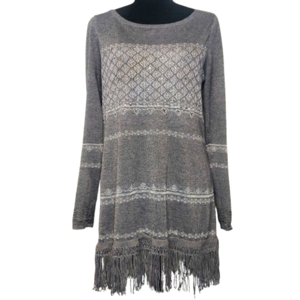 White House Black Market Women's Gray Silver Tunic Fringe Sweater Size Medium